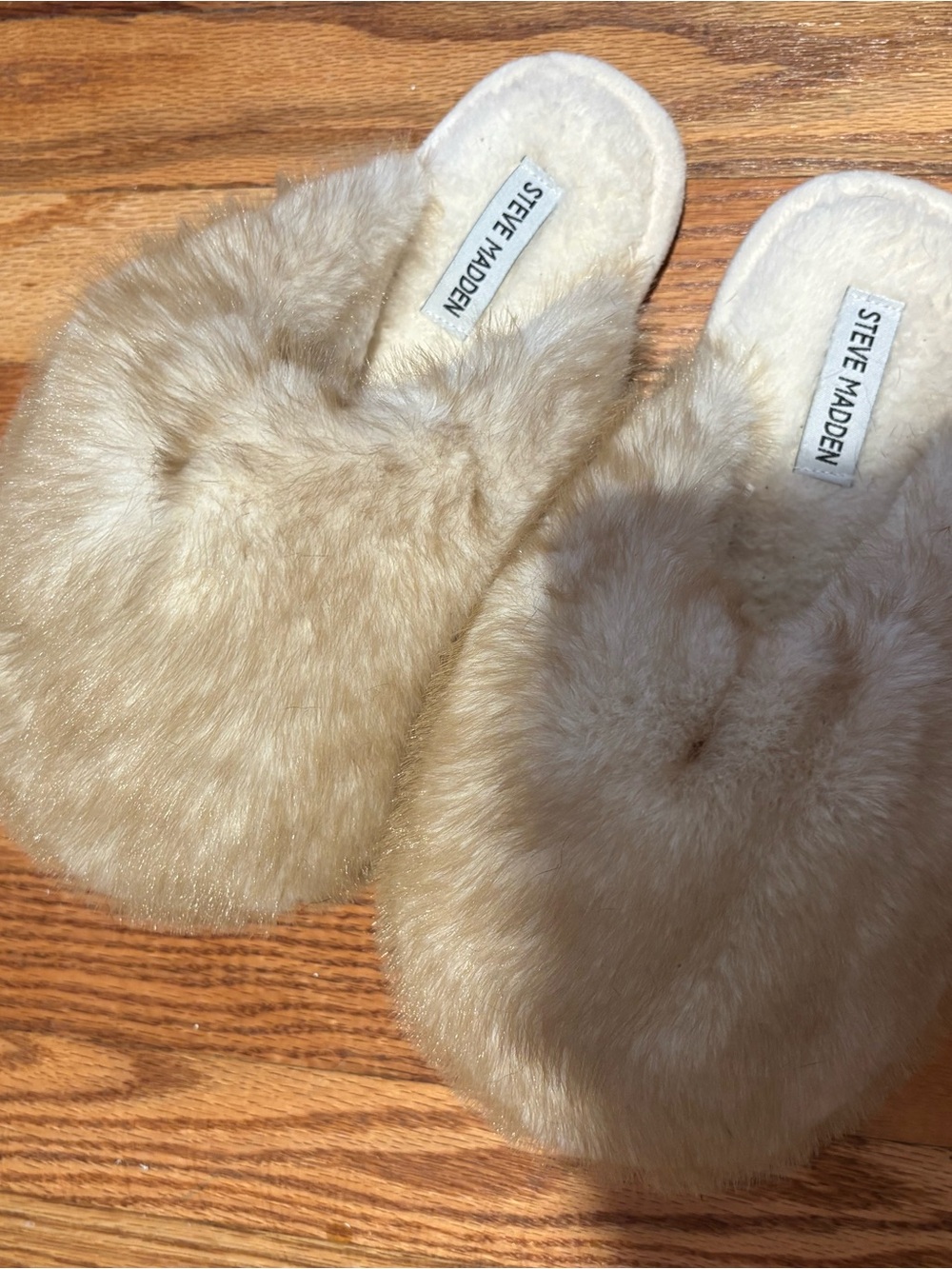Steve Madden Plush Fur Slide Slippers in Light Tan
